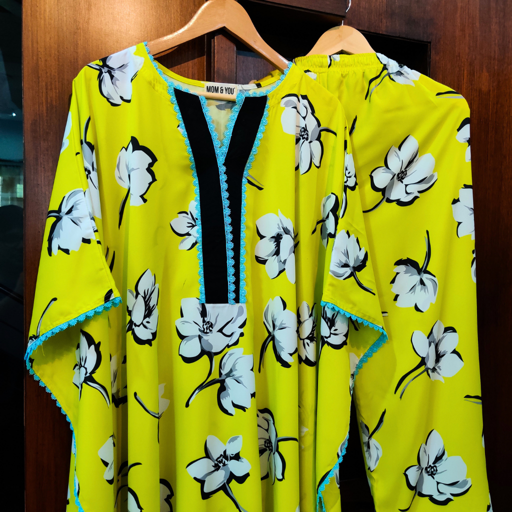 Lime Green Digital Printed Moss Georgette Kurta Kaftan Stitched Co-Ord Set - Mom & You Clothing