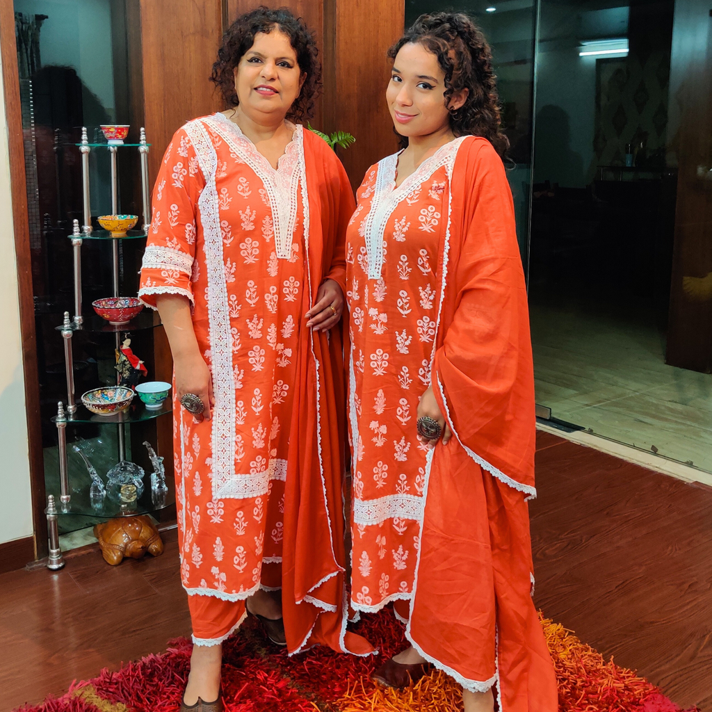 Orange Cotton Handblock White Lace Stitched Suit Set - Mom & You Clothing