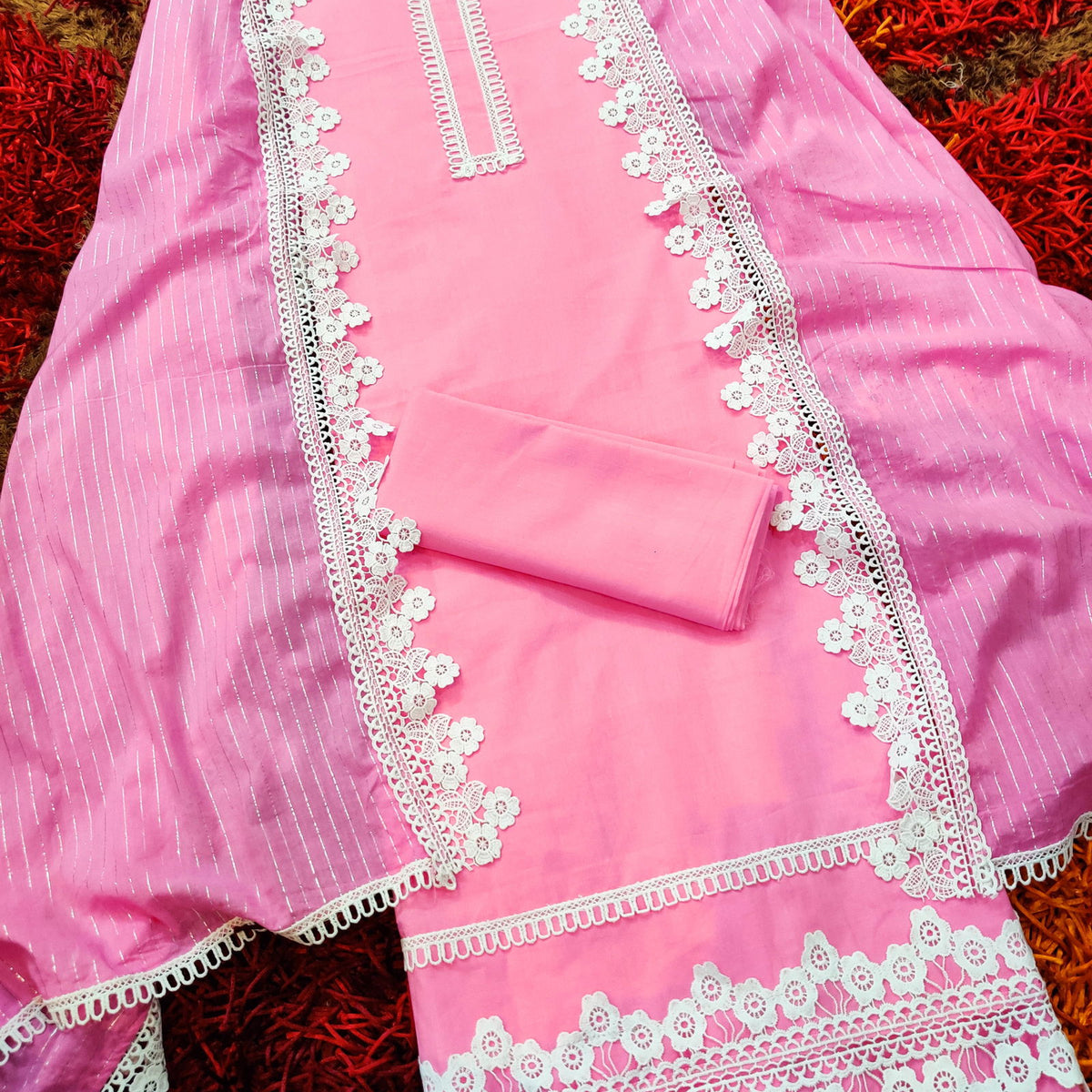 Buy Pink Adorned with Elegant White Lace Unstitched Dress Material Suit Set Online in India at Best Price Mom You Clothing