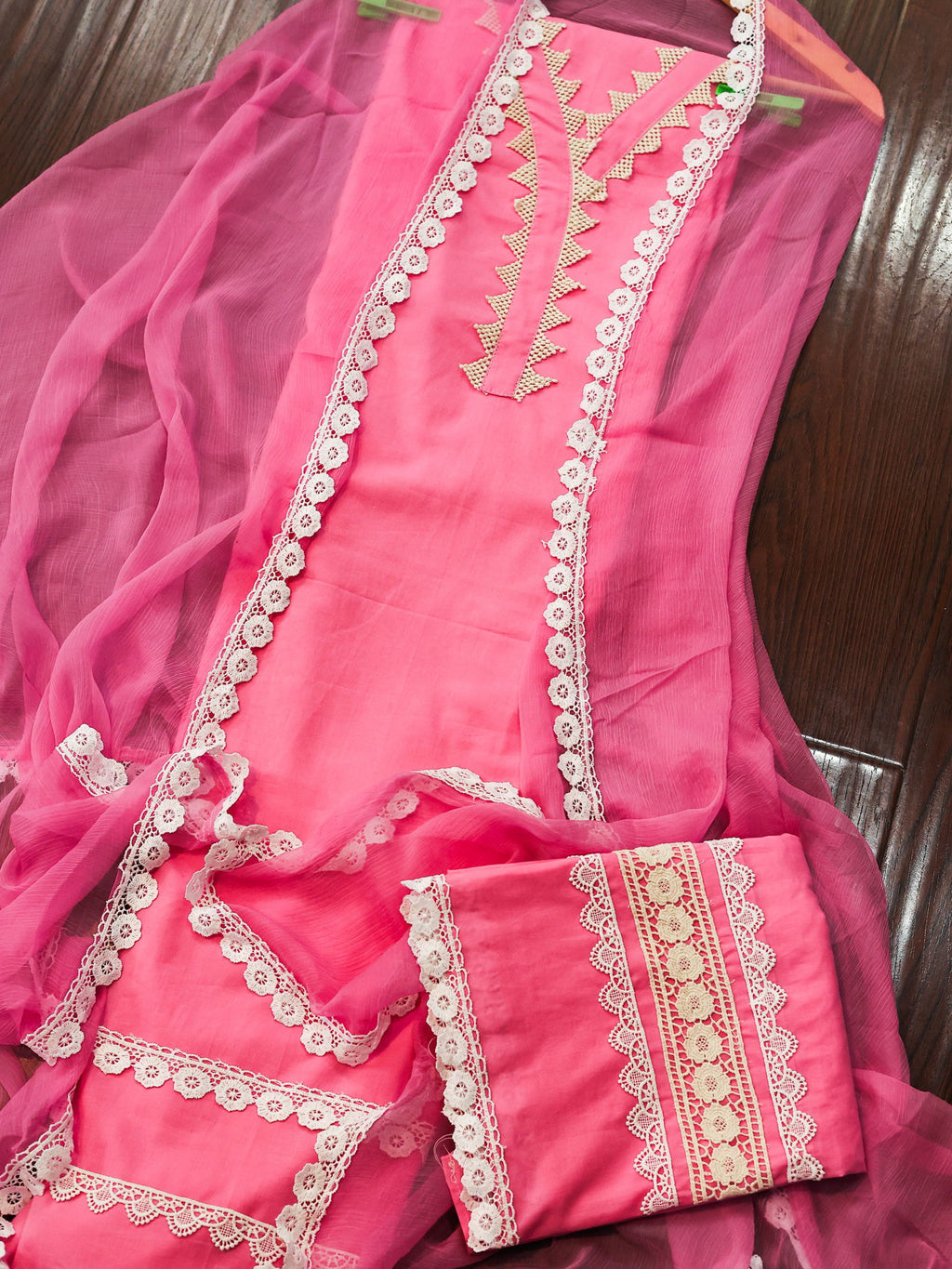 Buy Pink Suit with White and Cream Lace Accents Unstitched Dress Material Suit Set Online in India at Best Price Mom You Clothing