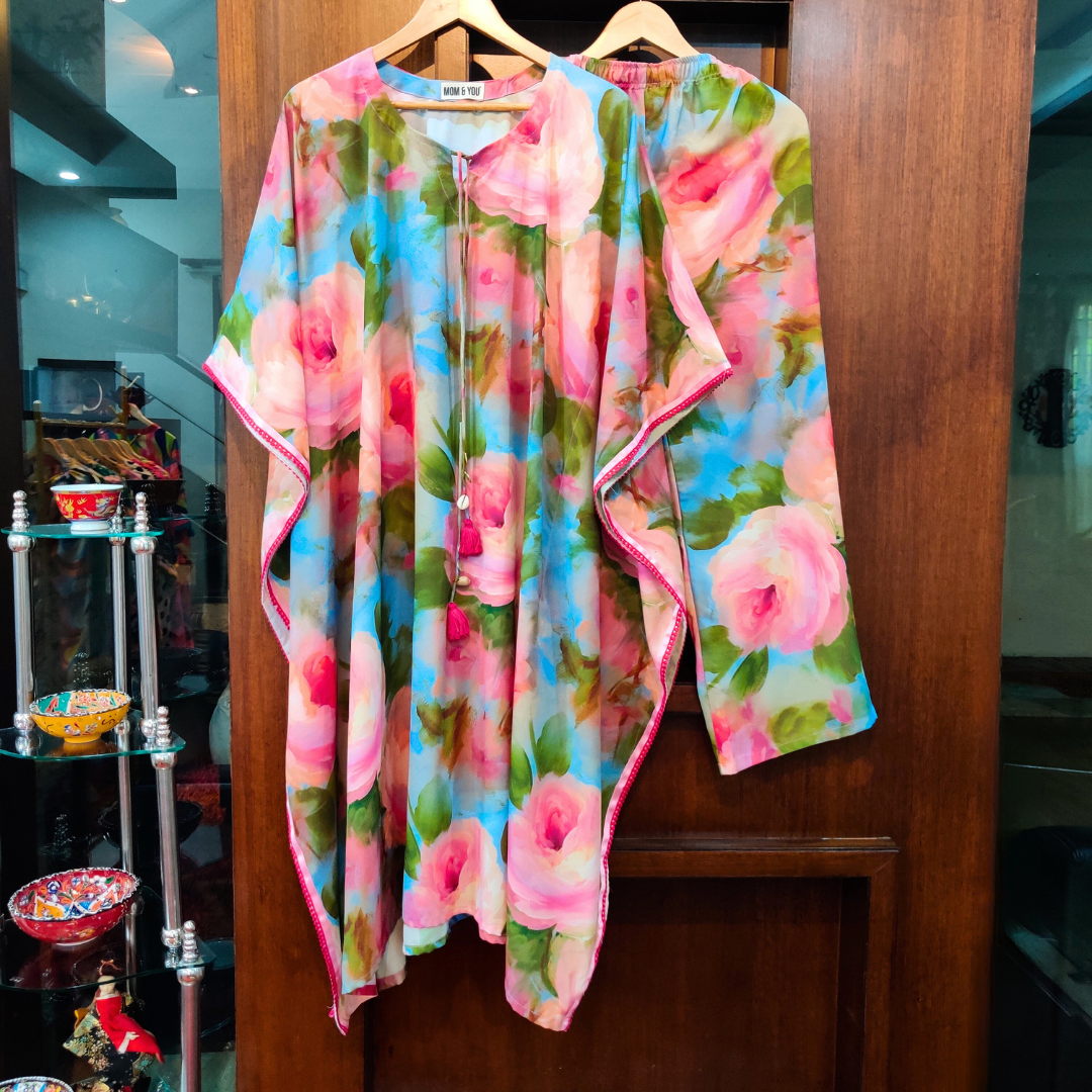 Pink and Green painted Digital Printed Moss Georgette Kurta Kaftan Stitched Co-Ord Set - Mom & You Clothing