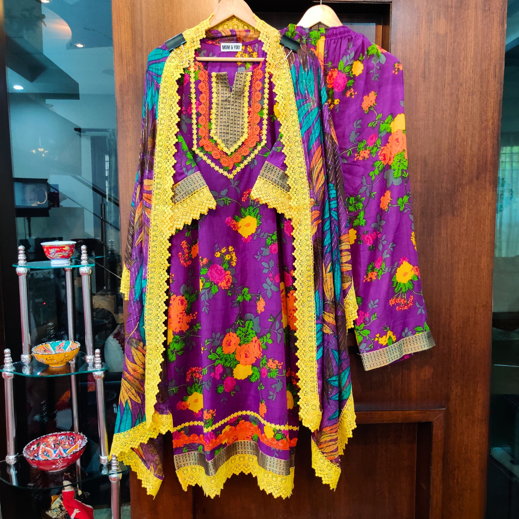 Purple Digital Printed Cotton Stitched Suit Set - Mom & You Clothing