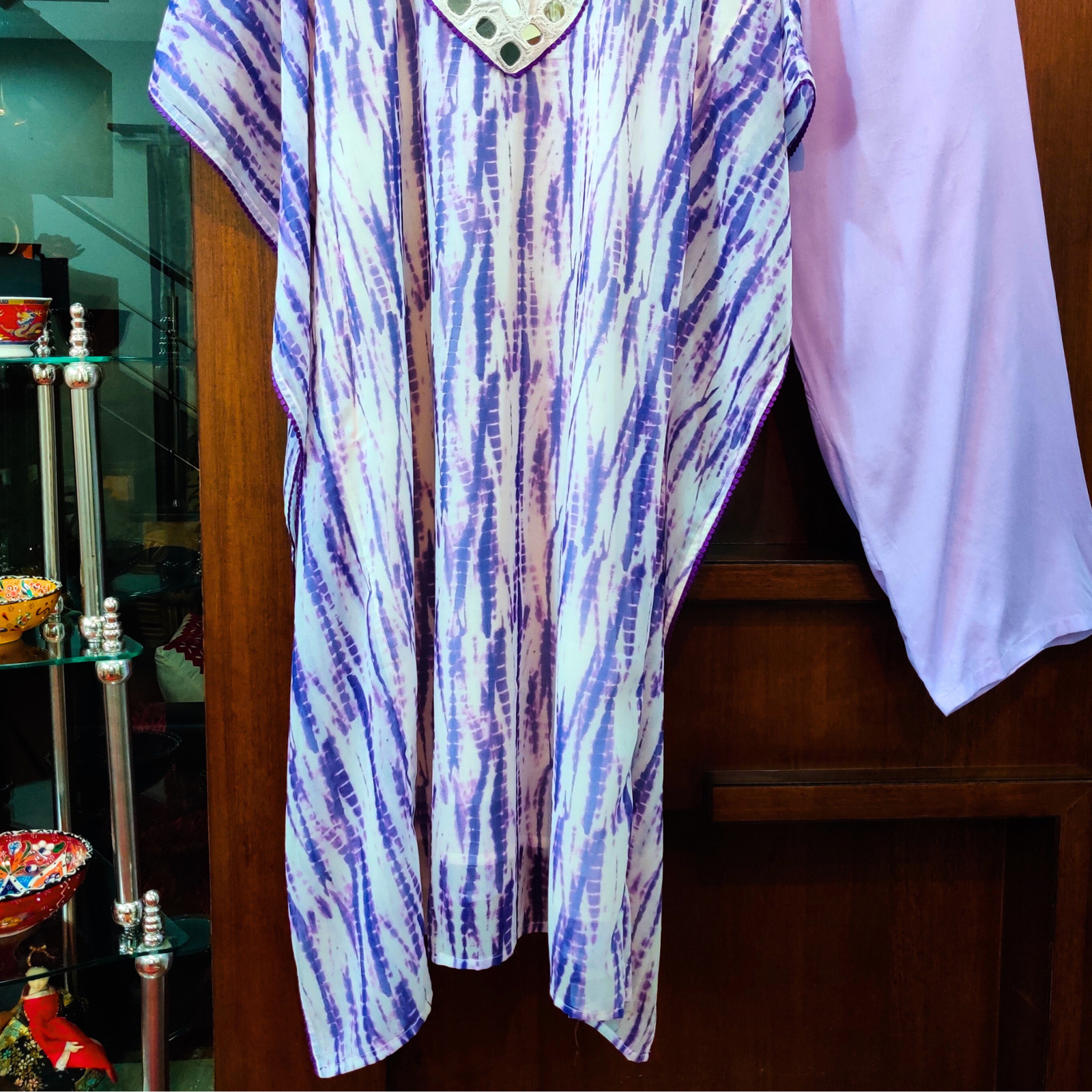 Purple and White Tie Dye Kurta Kaftan Georgette Stitched Co-Ord Set - Mom & You Clothing