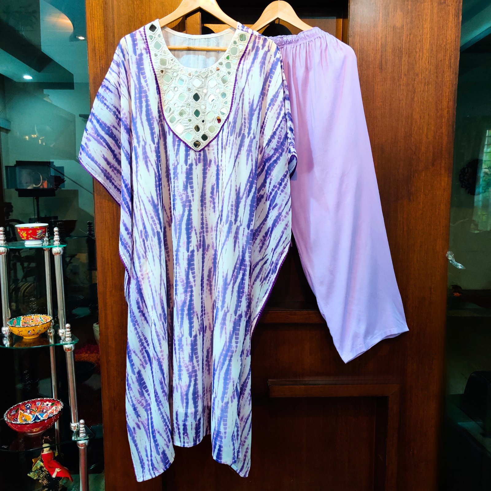 Purple and White Tie Dye Kurta Kaftan Georgette Stitched Co-Ord Set - Mom & You Clothing