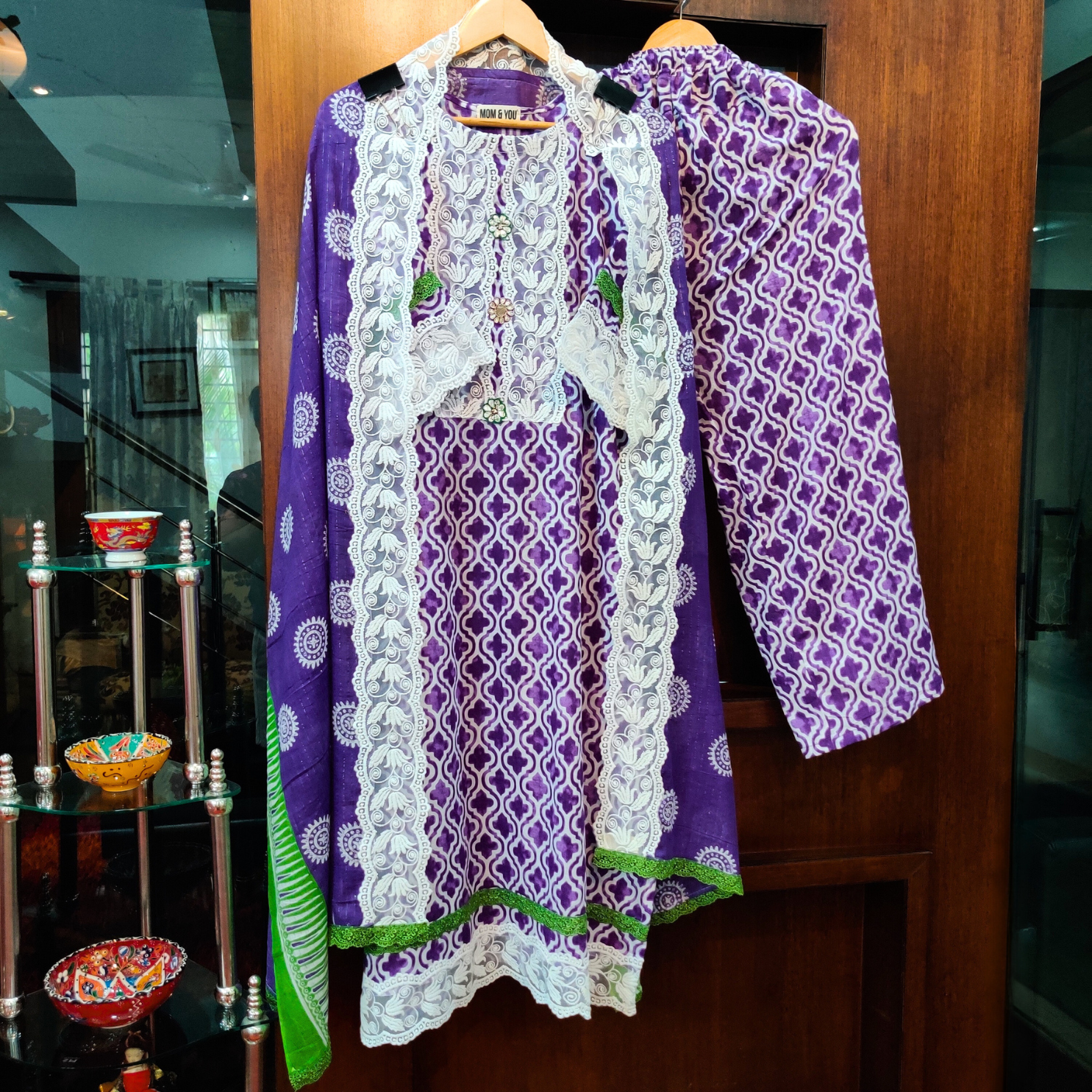 Purple and white Digital Printed Cotton Stitched Suit Set - Mom & You Clothing