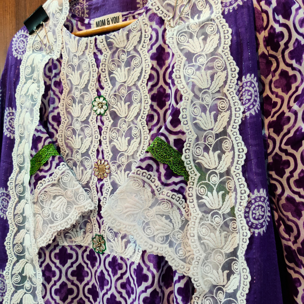 Purple and white Digital Printed Cotton Stitched Suit Set - Mom & You Clothing