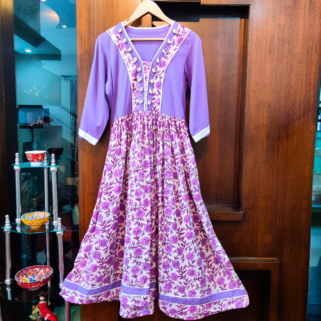 Purple handblock Cotton Stitched Long Dress - Mom & You Clothing
