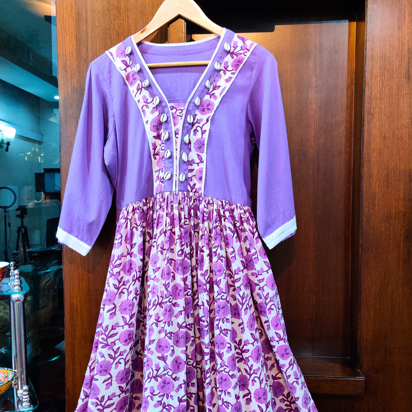 Purple handblock Cotton Stitched Long Dress - Mom & You Clothing