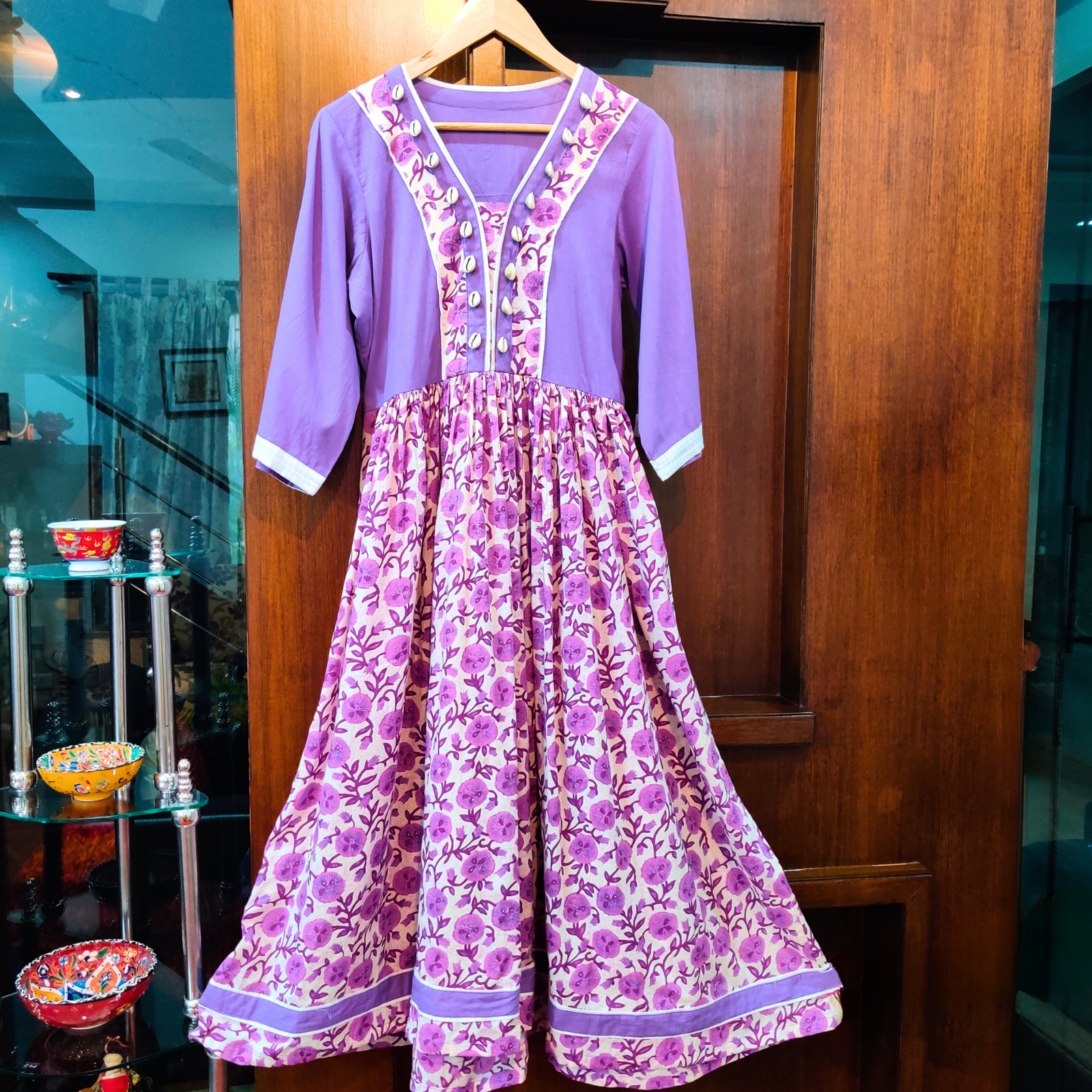 Purple handblock Cotton Stitched Long Dress - Mom & You Clothing