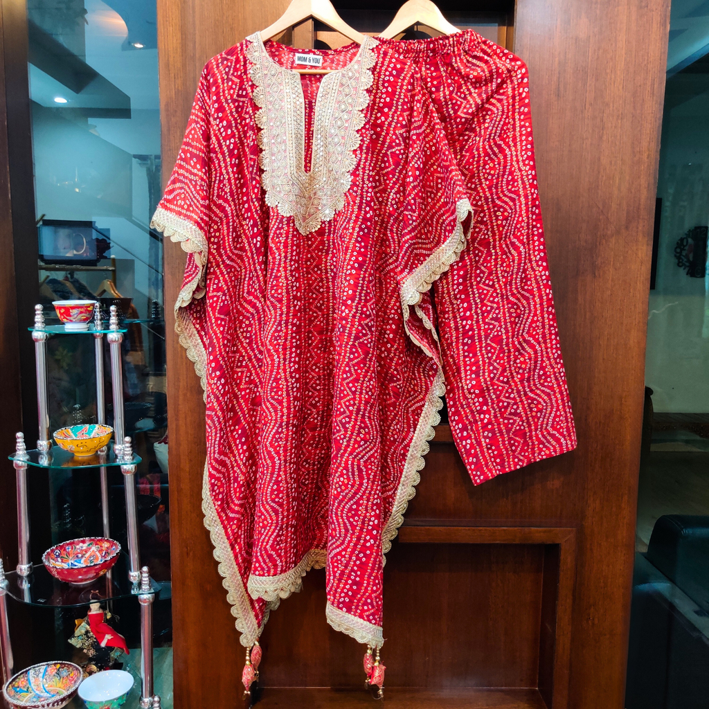 Red Bandhej Flowable Cotton Kurta Kaftan Stitched Co-Ord Set - Mom & You Clothing