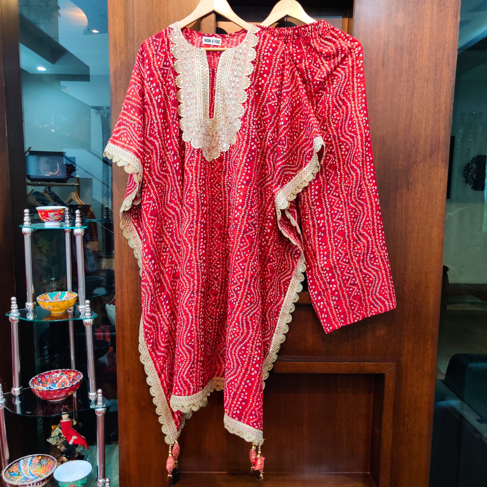 Red Bandhej Flowable Cotton Kurta Kaftan Stitched Co-Ord Set - Mom & You Clothing