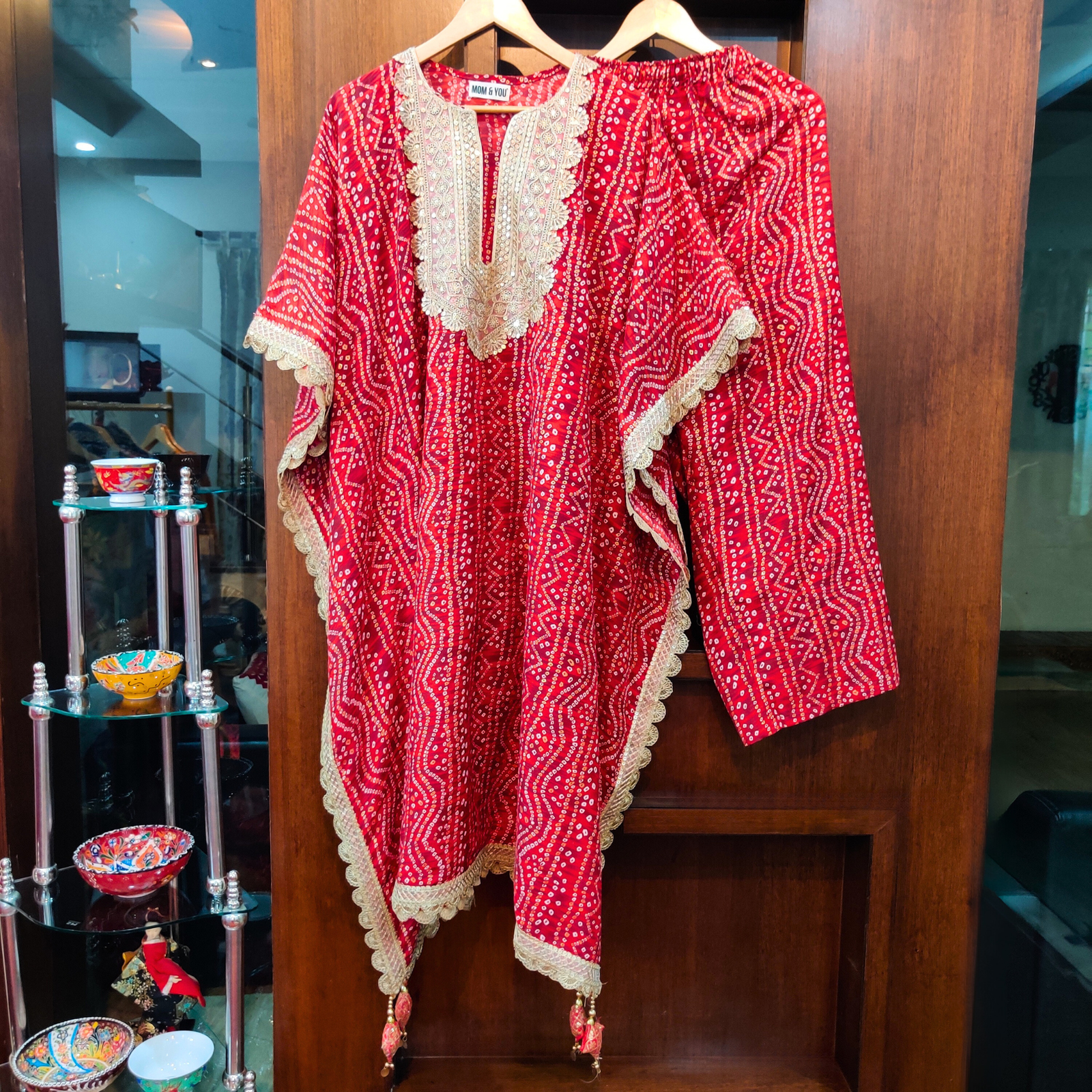Red Bandhej Flowable Cotton Kurta Kaftan Stitched Co-Ord Set - Mom & You Clothing