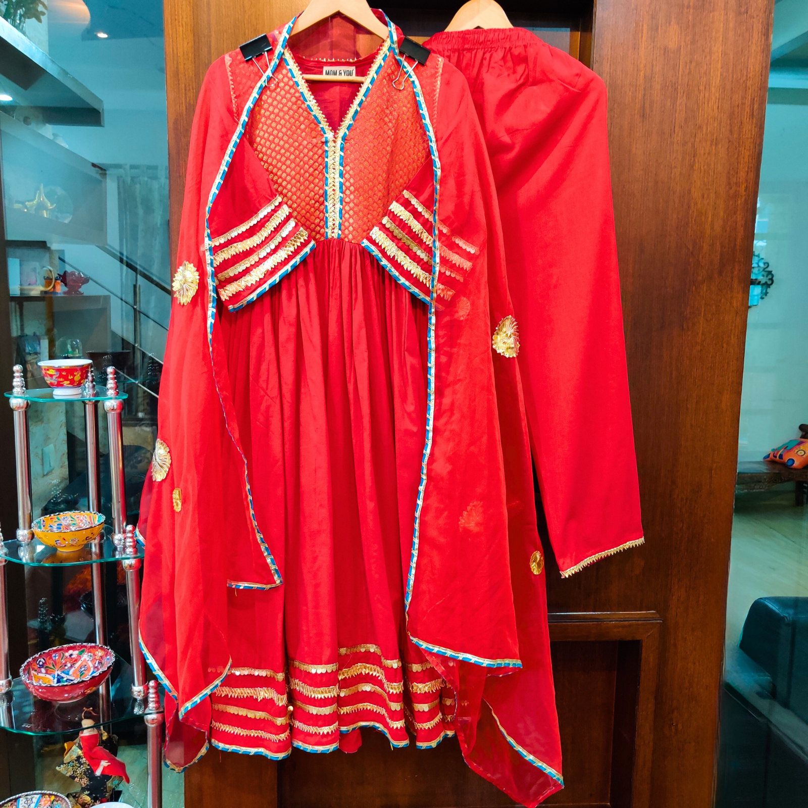 Red Cotton Stitched Anarkali Suit Set - Mom & You Clothing