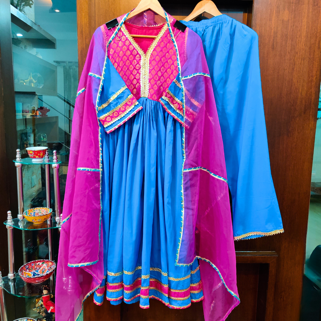 Sky Blue Cotton Stitched Anarkali Suit Set - Mom & You Clothing