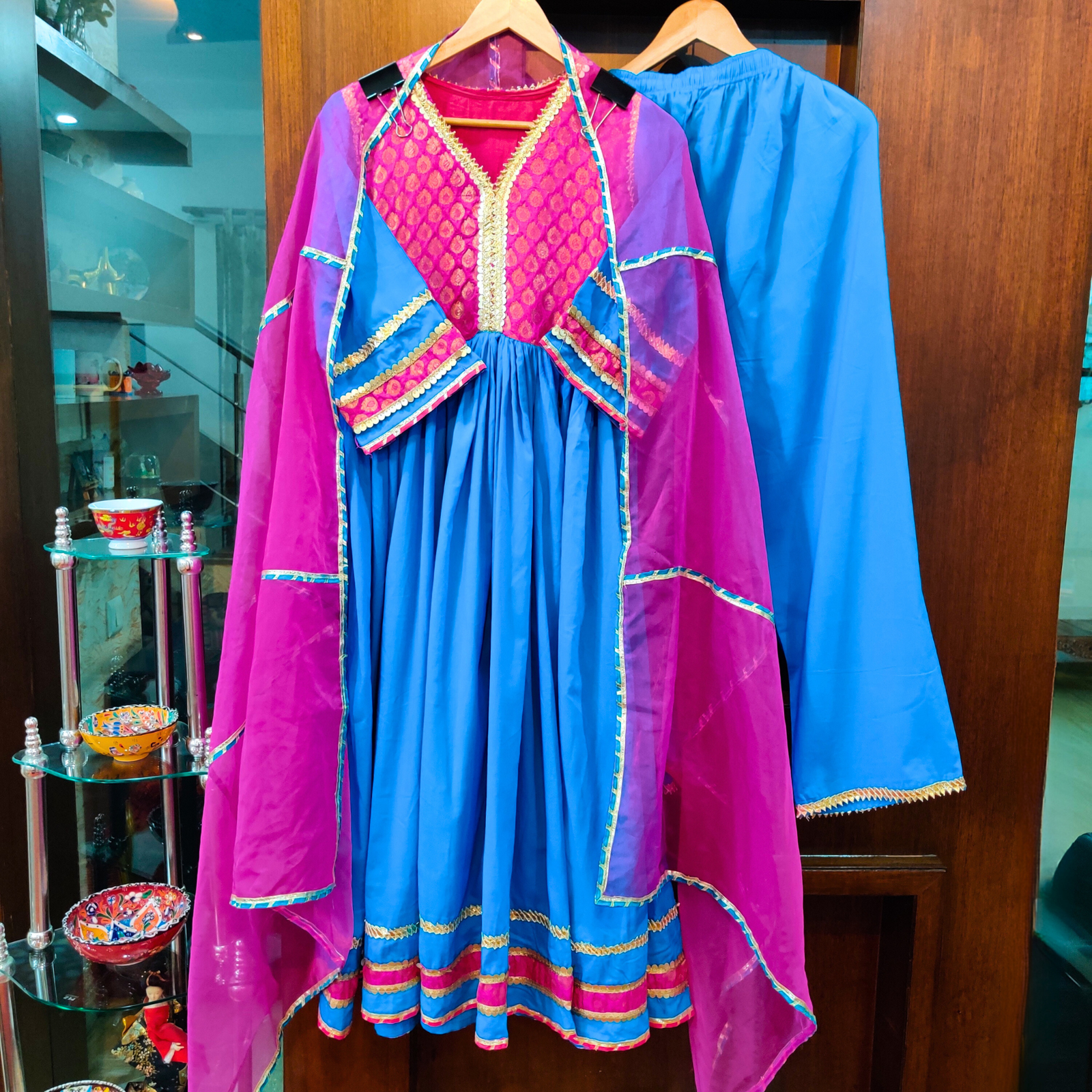 Sky Blue Cotton Stitched Anarkali Suit Set - Mom & You Clothing