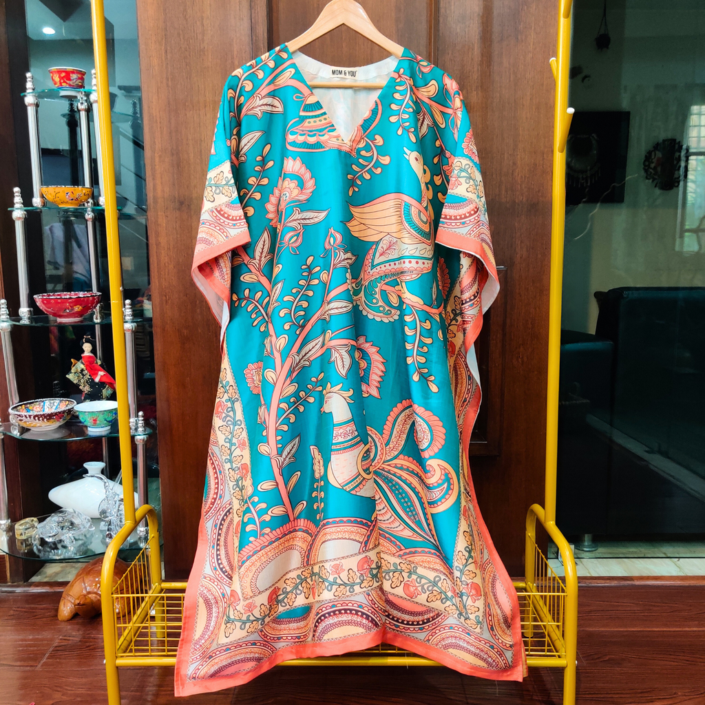 Sky Blue Digital Printed Muslin Silk Stitched Kurta Kaftan - Mom & You Clothing