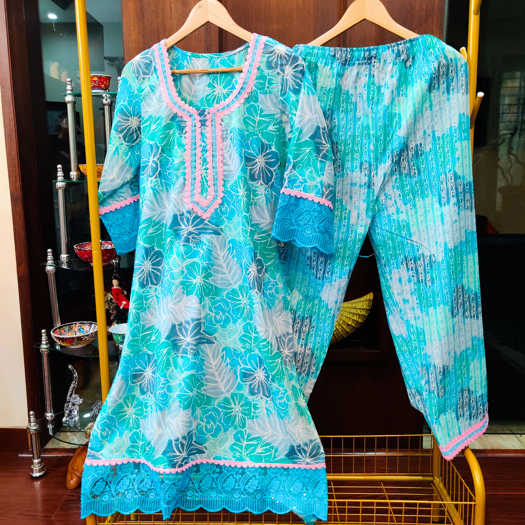 Sky Blue Handblock Cotton Stitched Co-Ord Set - Mom & You Clothing