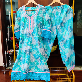 Sky Blue Handblock Cotton Stitched Co-Ord Set - Mom & You Clothing