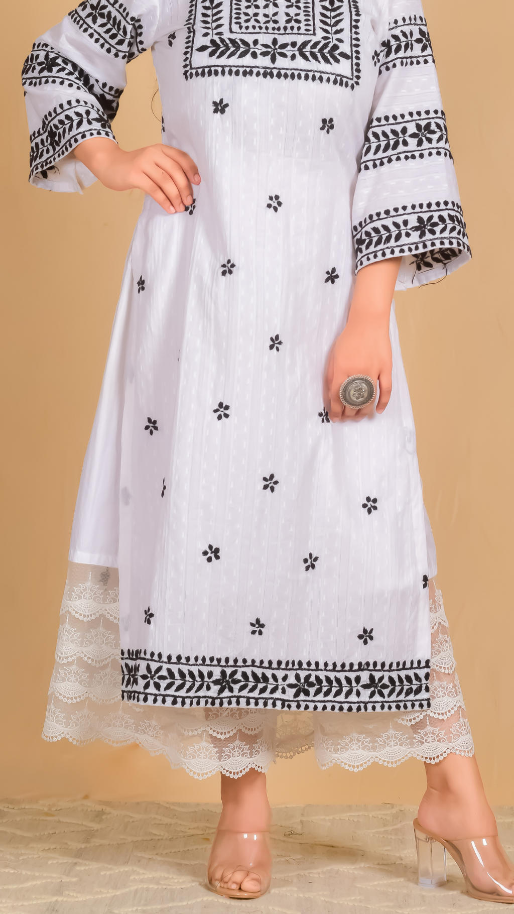 Statement Palazzo: White Cotton Palazzo with Four Intricate Laces - Mom & You Clothing