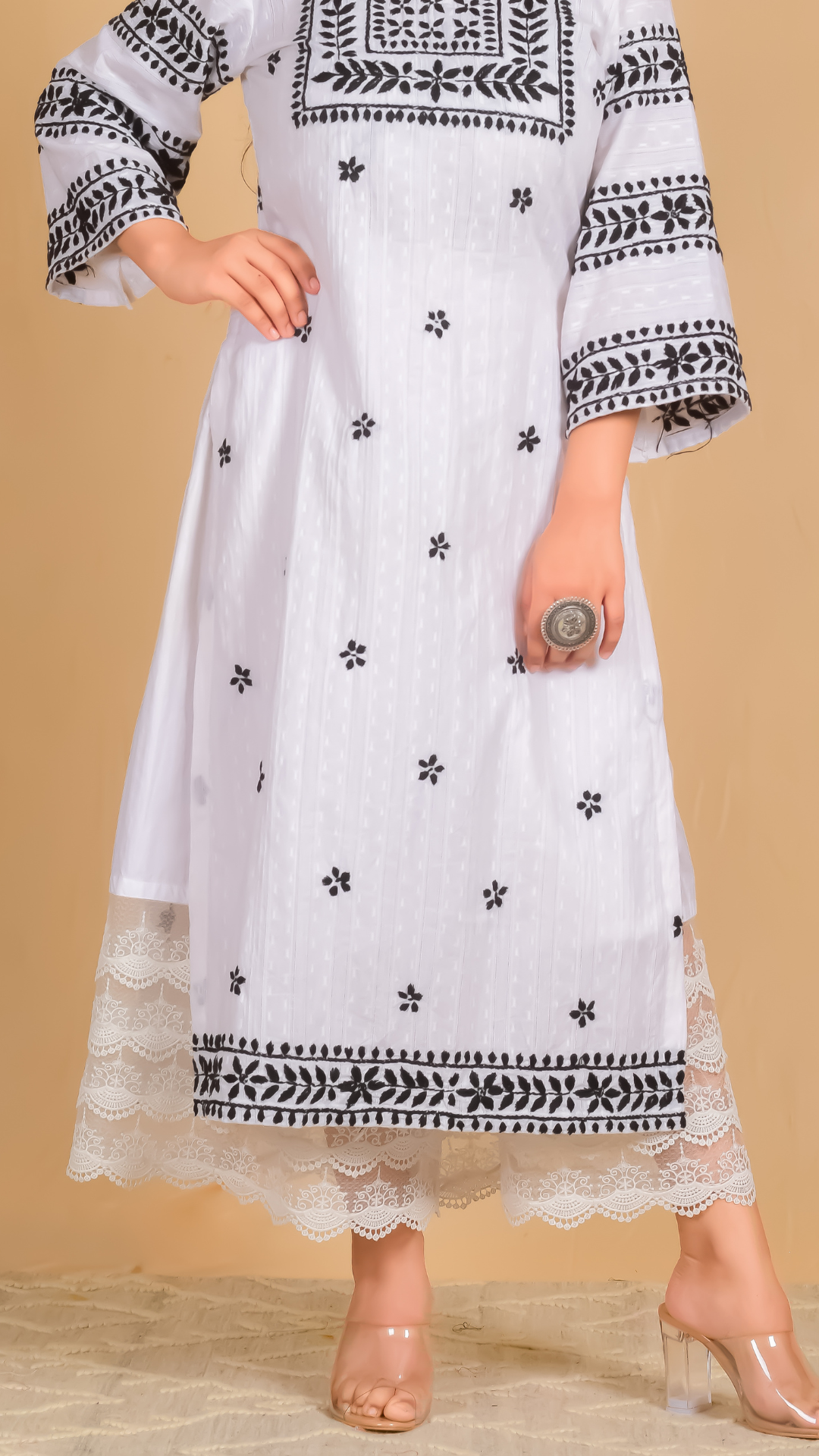 Statement Palazzo: White Cotton Palazzo with Four Intricate Laces - Mom & You Clothing