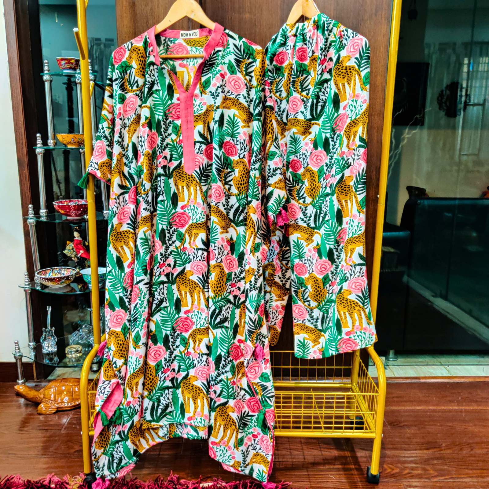 White Digital Printed Cotton Crepe Kurta Kaftan Stitched Co-Ord Set - Mom & You Clothing