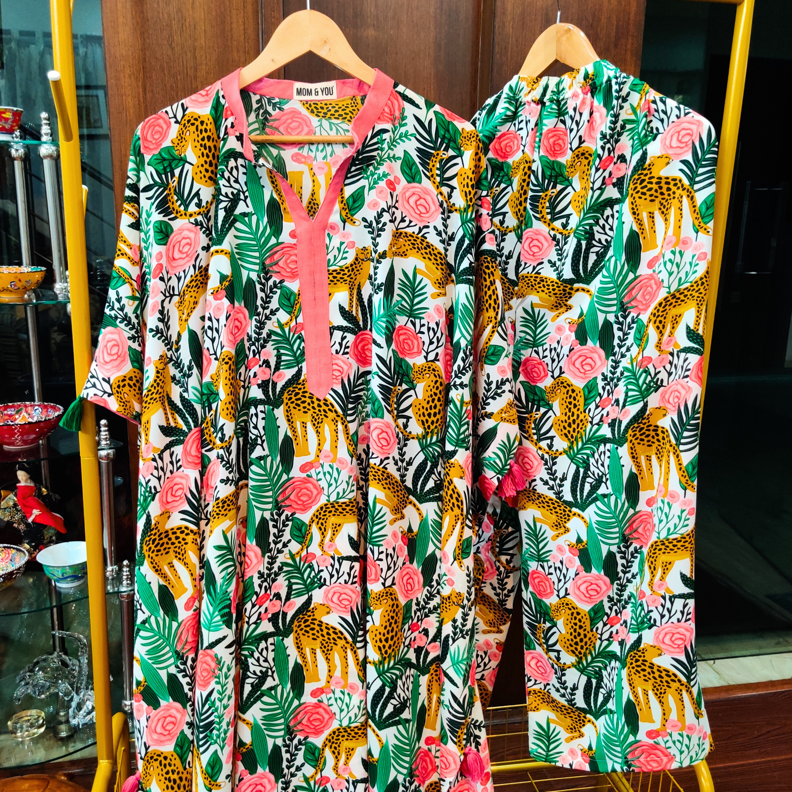 White Digital Printed Cotton Crepe Kurta Kaftan Stitched Co-Ord Set - Mom & You Clothing