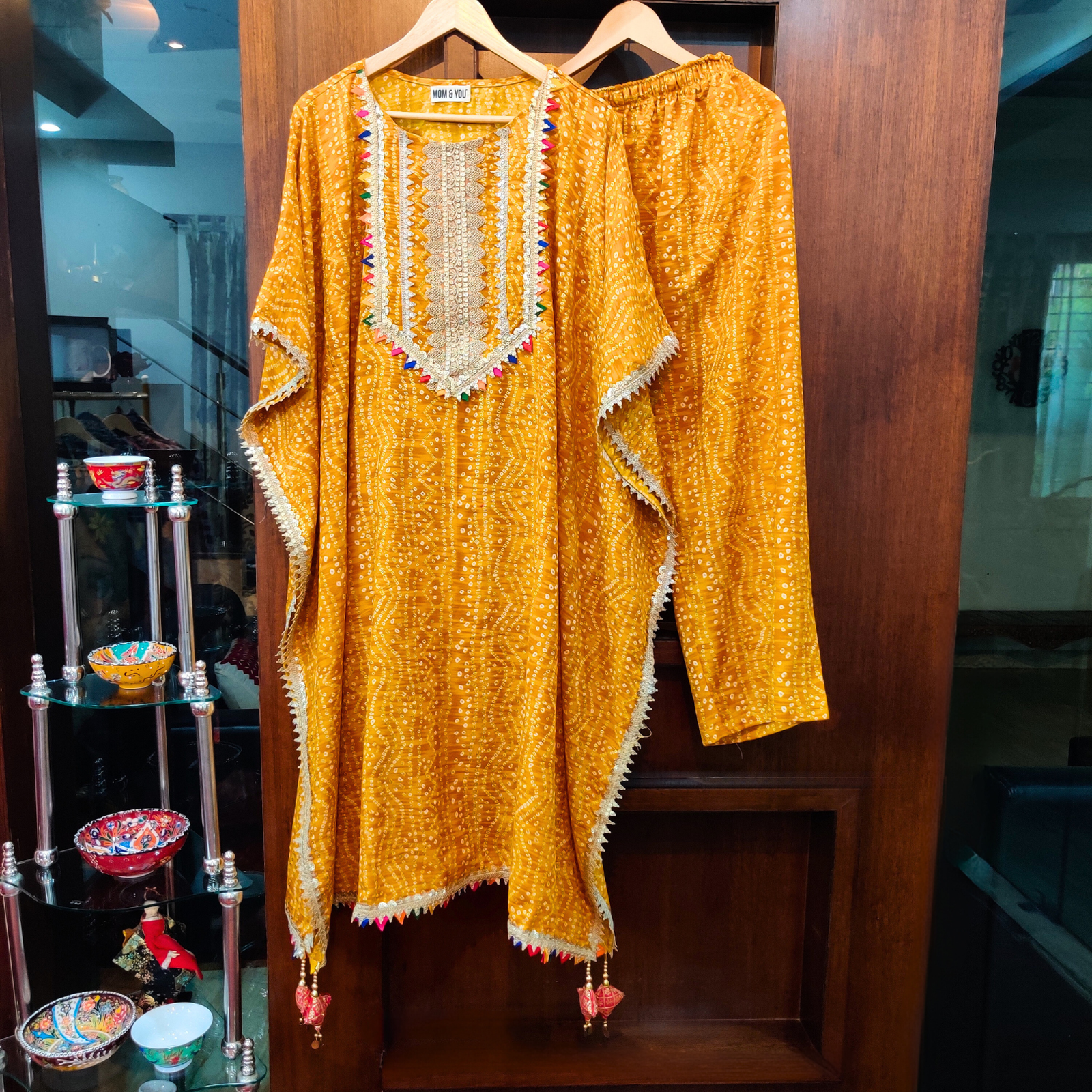 Yellow Bandhej Flowable Cotton Kurta Kaftan Stitched Co-Ord Set - Mom & You Clothing