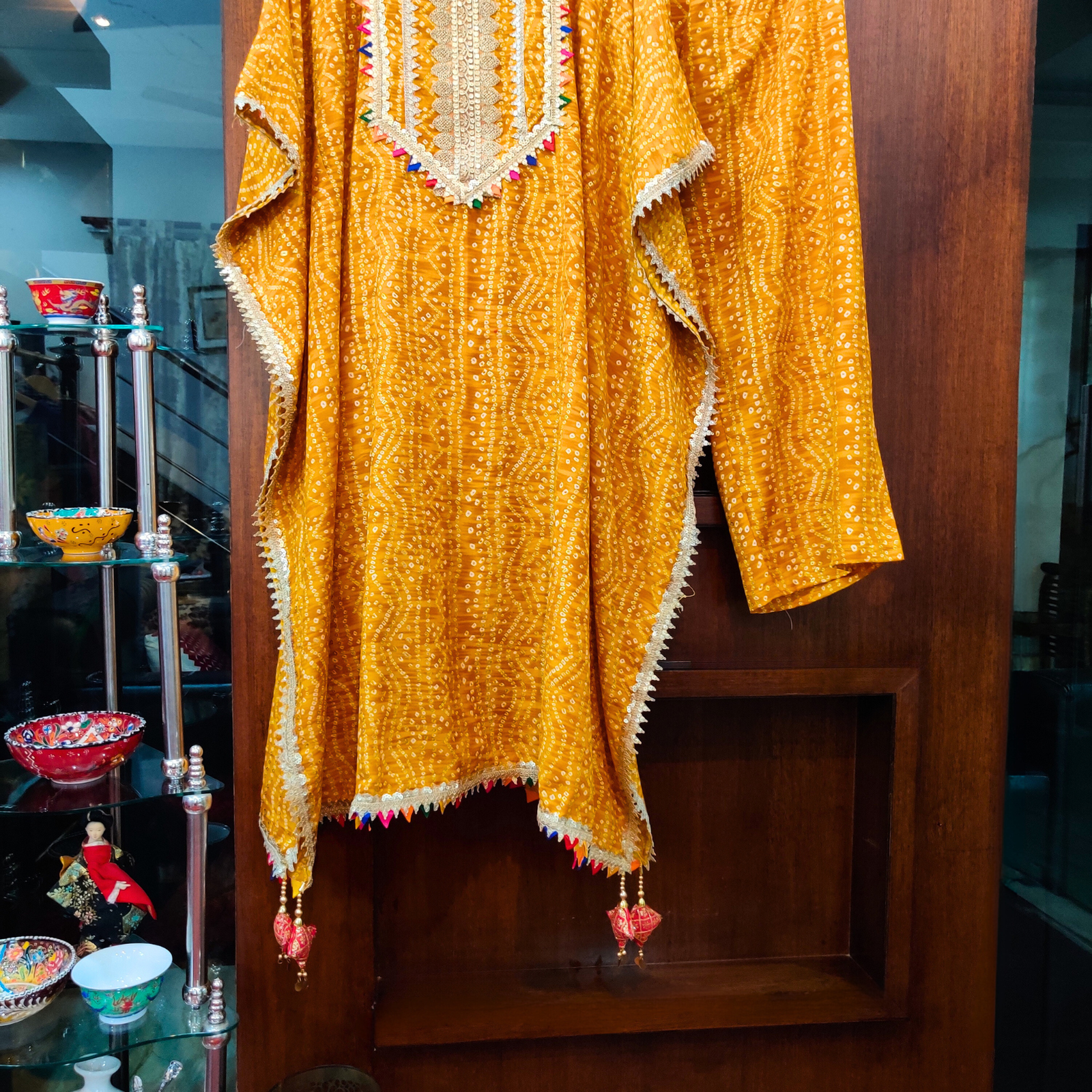 Yellow Bandhej Flowable Cotton Kurta Kaftan Stitched Co-Ord Set - Mom & You Clothing