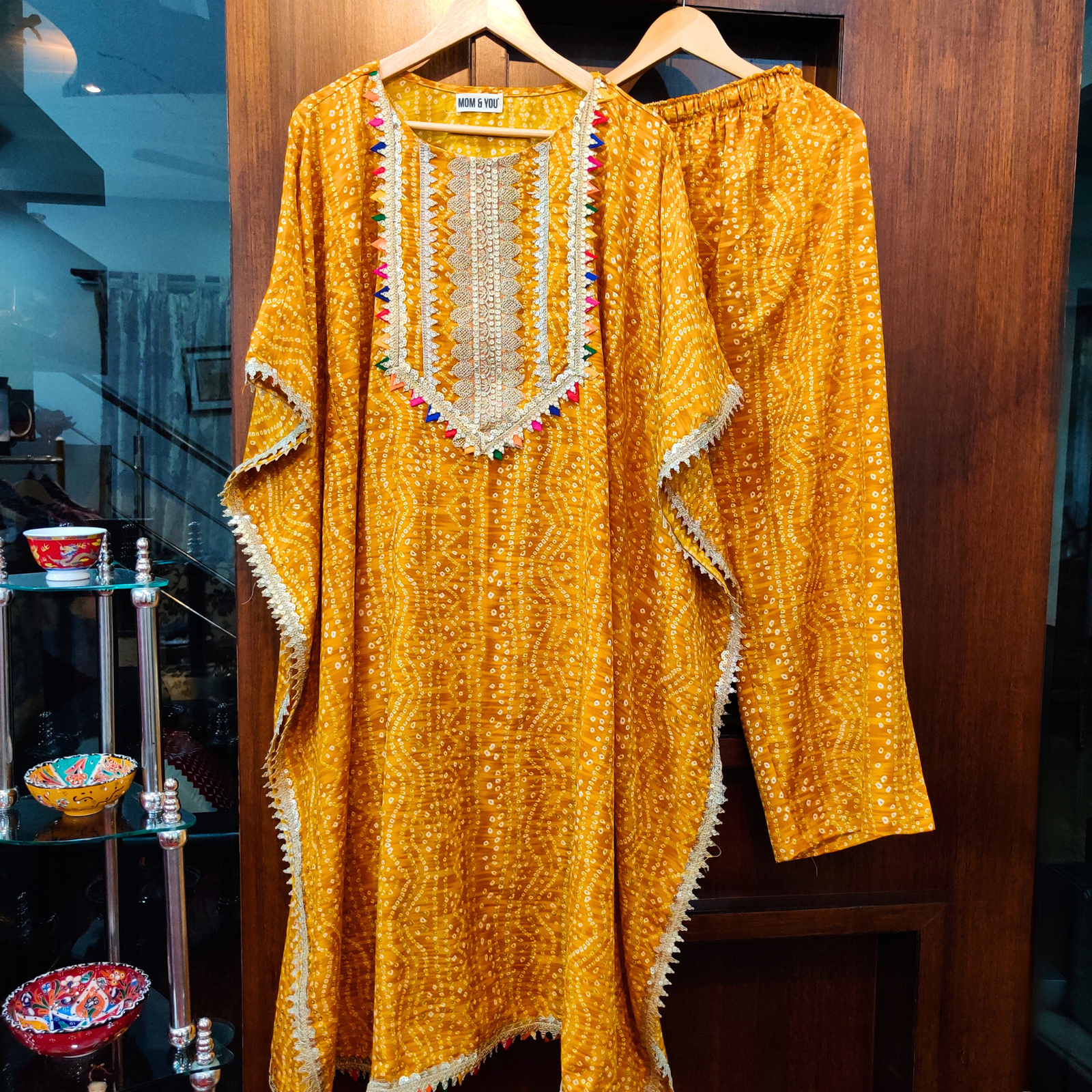 Yellow Bandhej Flowable Cotton Kurta Kaftan Stitched Co-Ord Set - Mom & You Clothing