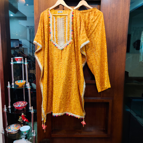 Yellow Bandhej Flowable Cotton Kurta Kaftan Stitched Co-Ord Set - Mom & You Clothing