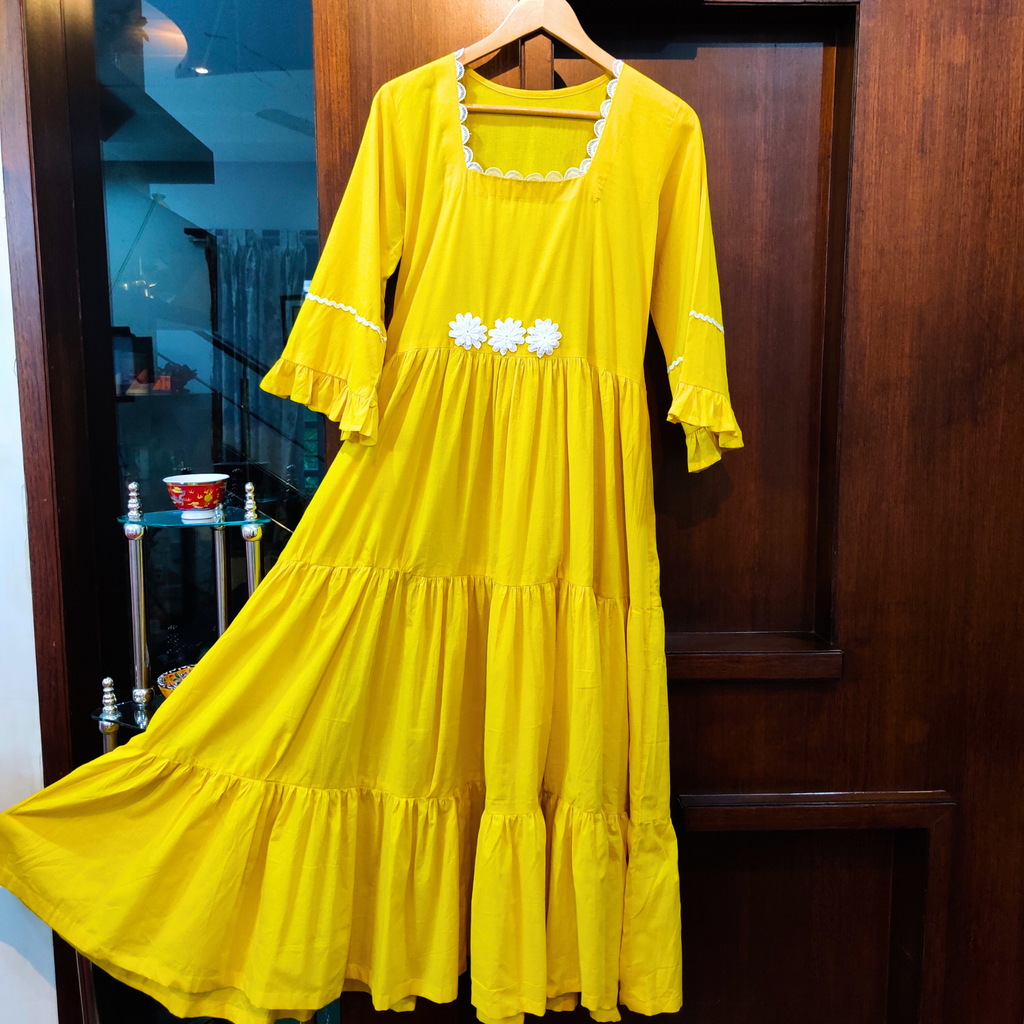 Yellow Cotton Stitched Long Dress - Mom & You Clothing
