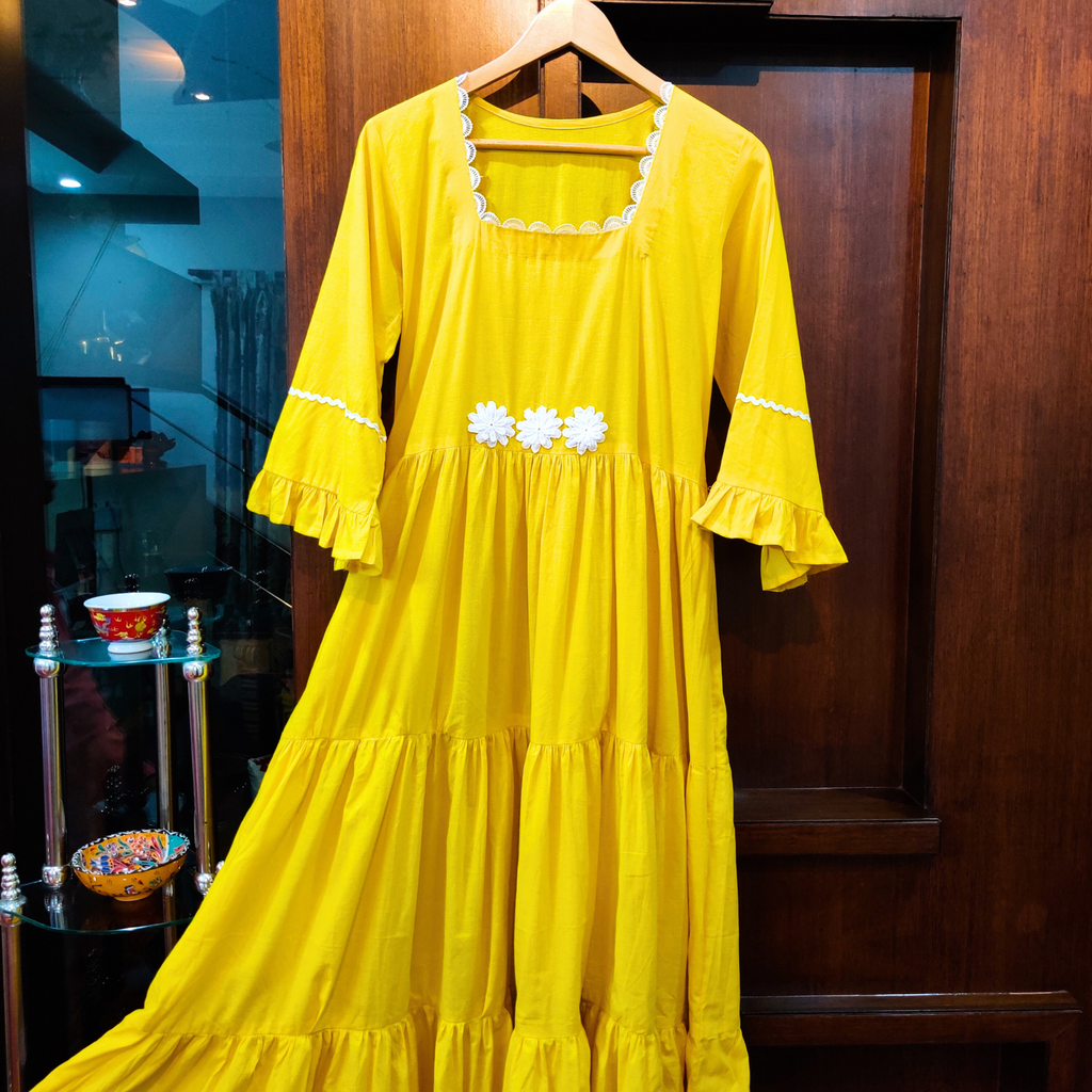 Yellow Cotton Stitched Long Dress - Mom & You Clothing