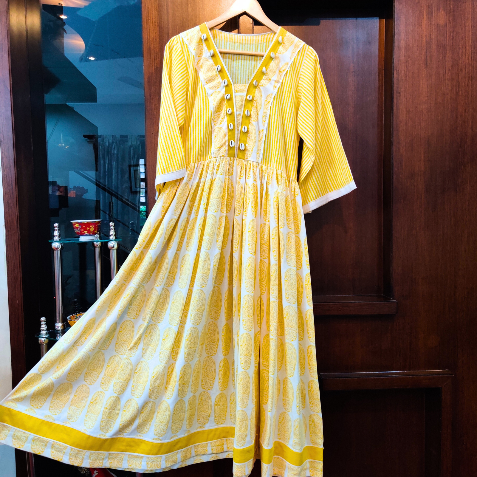 Yellow and White handblock Cotton Stitched Long Dress - Mom & You Clothing