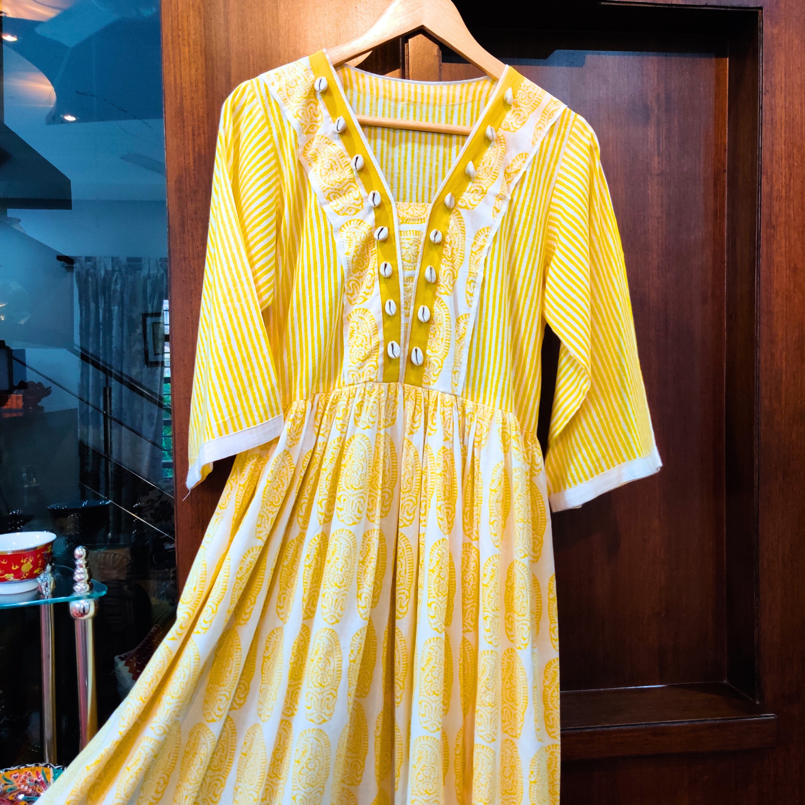 Yellow and White handblock Cotton Stitched Long Dress - Mom & You Clothing