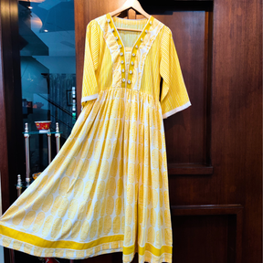 Yellow and White handblock Cotton Stitched Long Dress - Mom & You Clothing