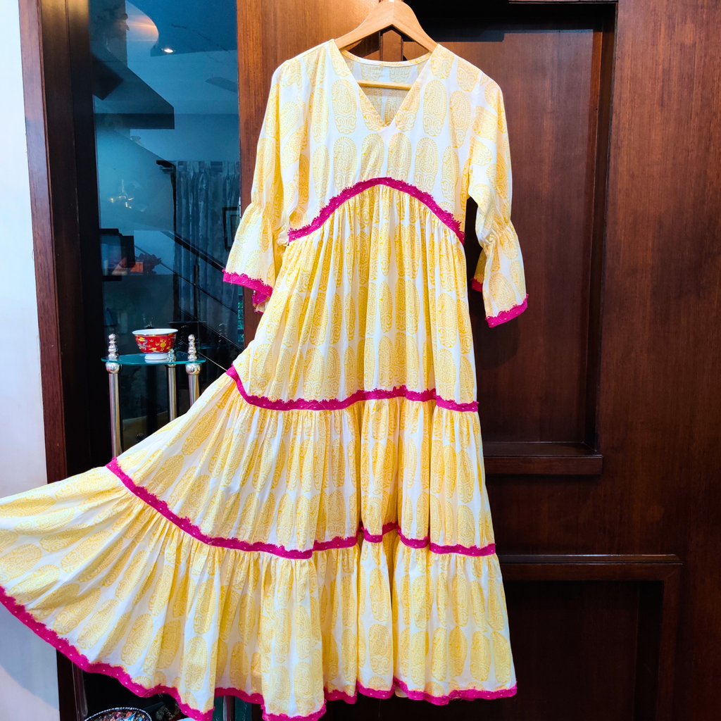 Yellow and White handblock Cotton Stitched Long Dress - Mom & You Clothing