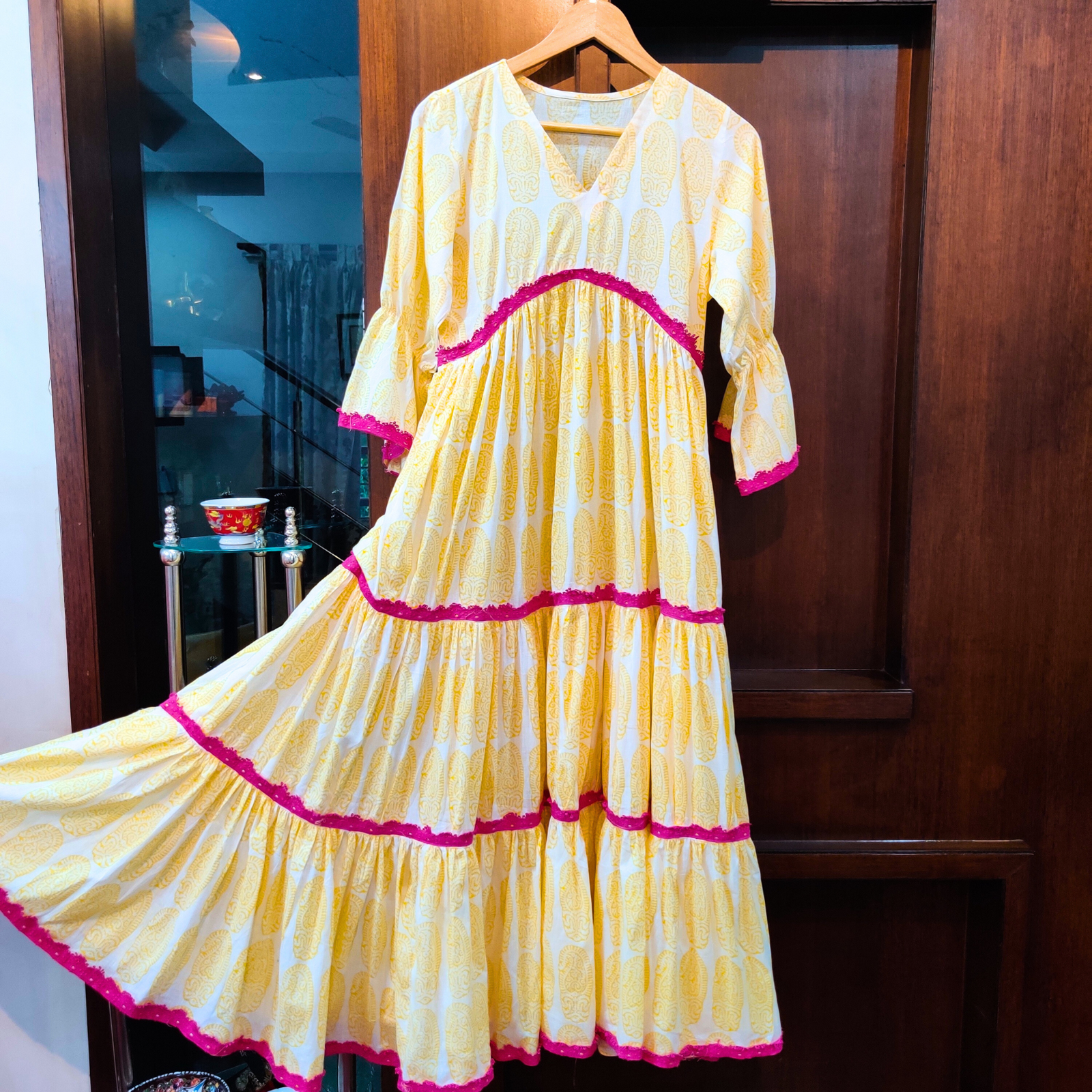 Yellow and White handblock Cotton Stitched Long Dress - Mom & You Clothing