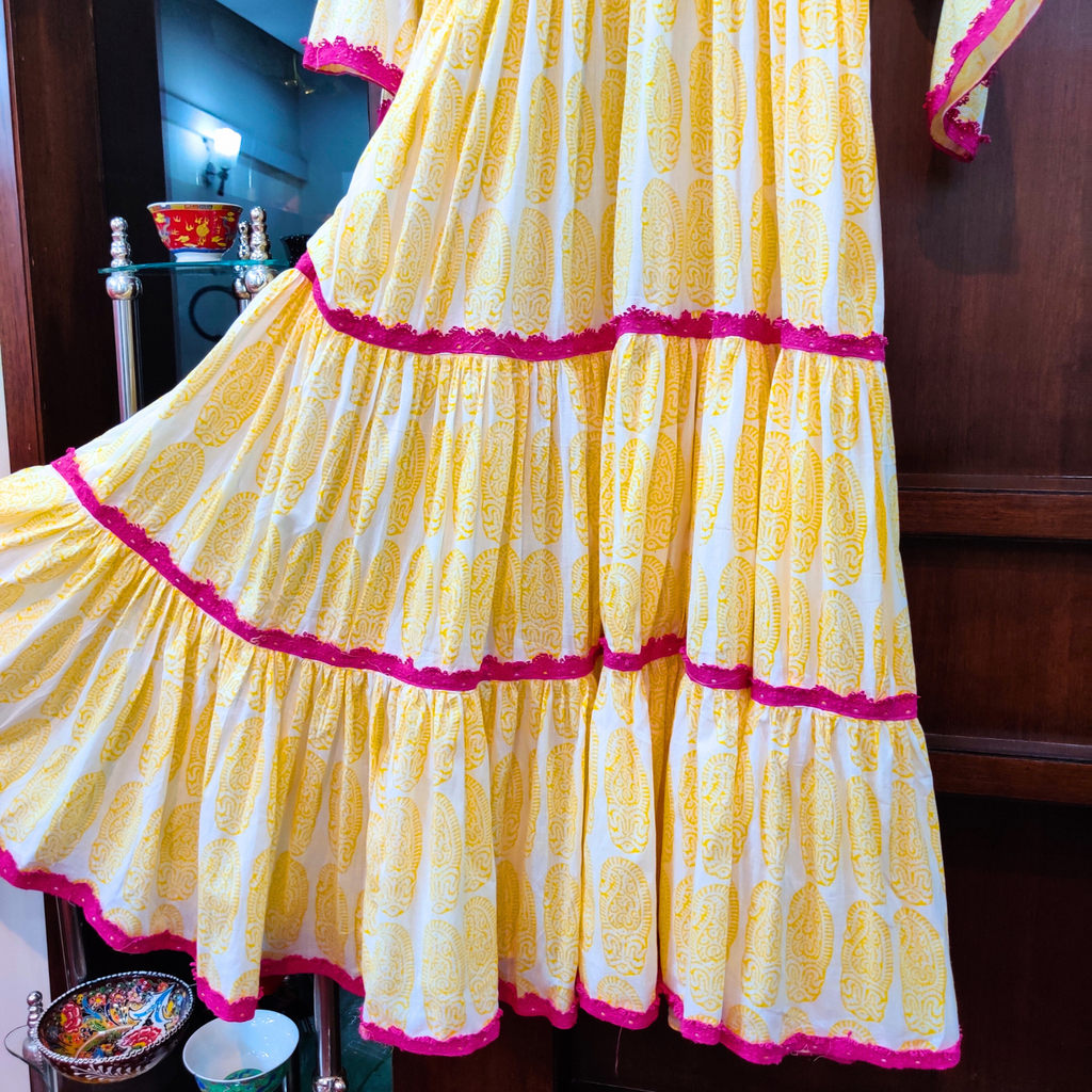 Yellow and White handblock Cotton Stitched Long Dress - Mom & You Clothing