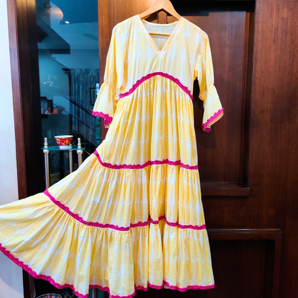 Yellow and White handblock Cotton Stitched Long Dress - Mom & You Clothing