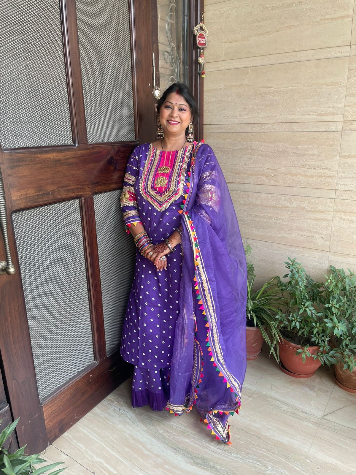 Purple Bandhej Cotton Festive Unstitched Dress Material Suit Set for Occasion