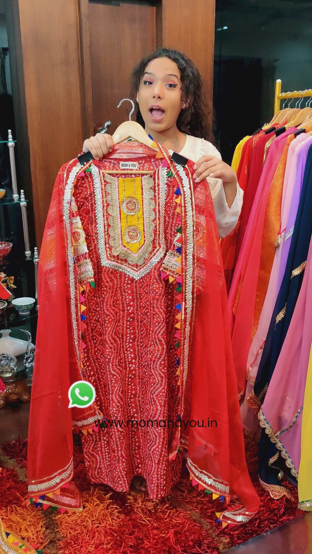 Red Bandhej Pink Handcrafted Gota Flowable Cotton Stitched Suit Set