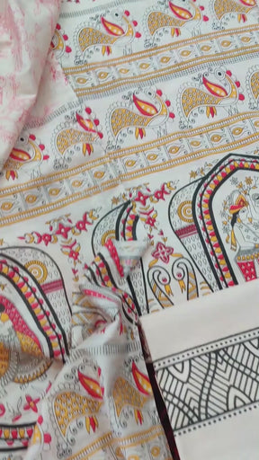 Off White Madhubani Cotton Silk Unstitched Dress Material Suit Set