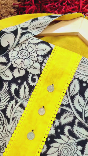 Black Cotton Kalamkari Unstitched Dress Material Suit Set