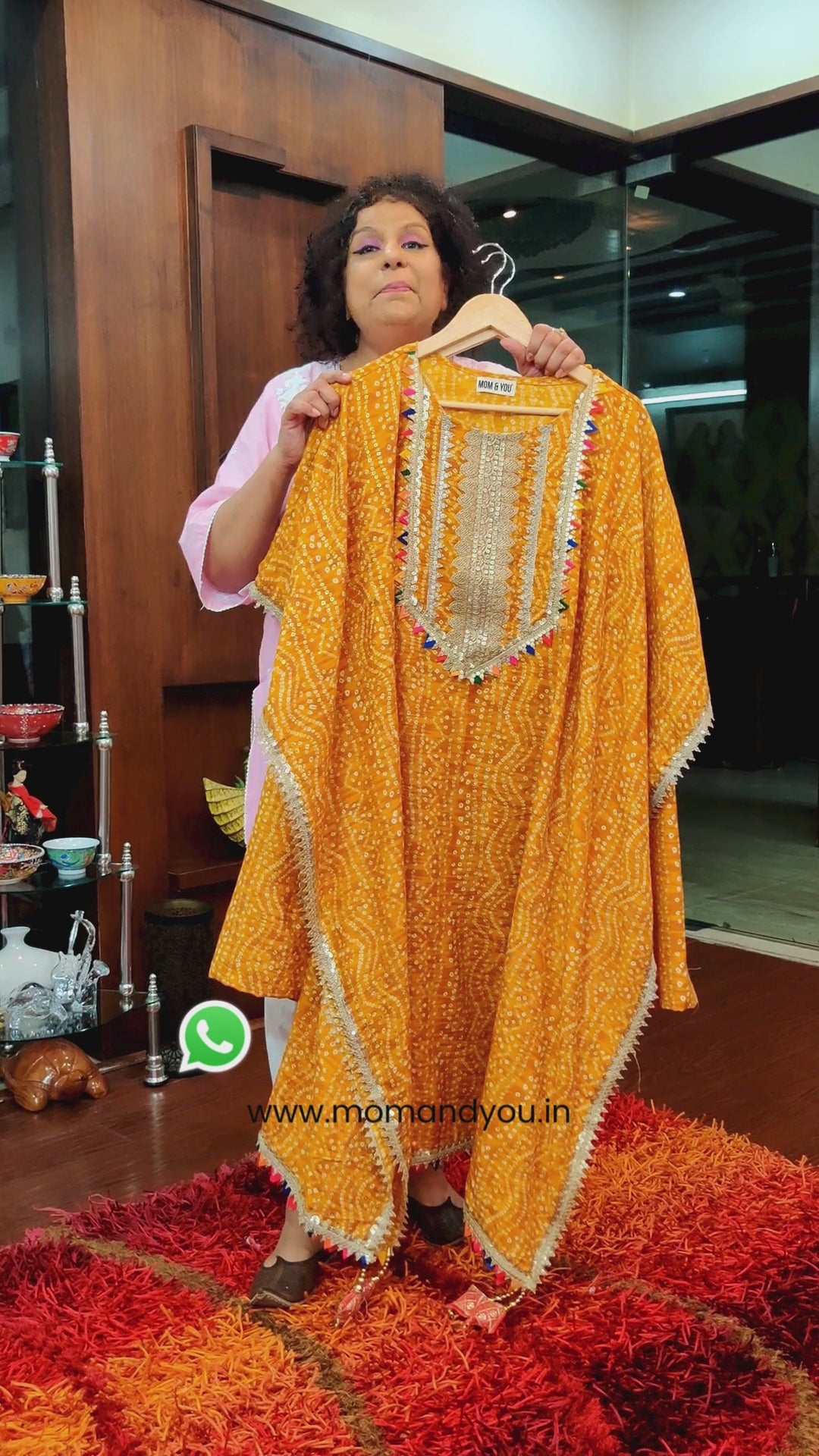 Yellow Bandhej Flowable Cotton Kurta Kaftan Stitched Co-Ord Set