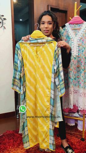 Yellow Tie Dye Checkred cotton Stitched Suit Set