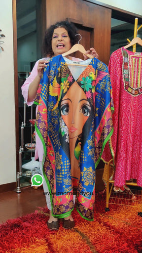 Blue Digital Printed Muslin Silk Stitched Kurta Kaftan
