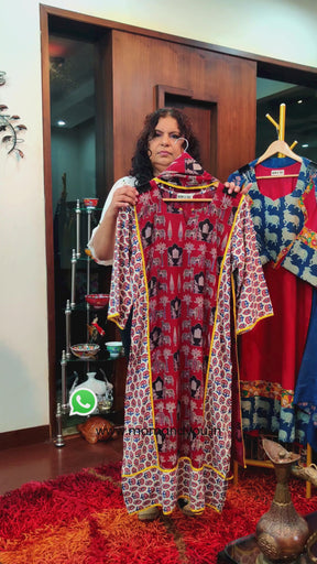 Maroon Ajrakh Yellow Lace Cotton Stitched Suit Set