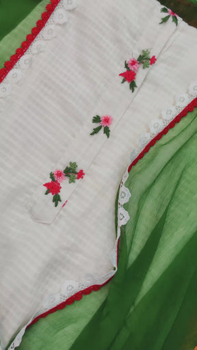 White and Green Cotton Suit Embellished with Floral Lace Accents Unstitched Dress Material Suit Set