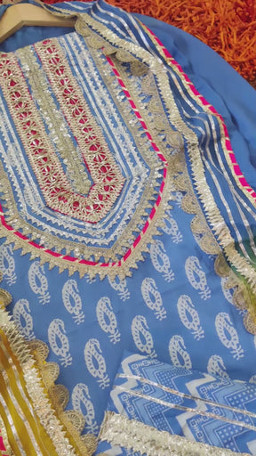 Sky Blue Cotton Festive Unstitched Dress Material Suit Set For Occasion