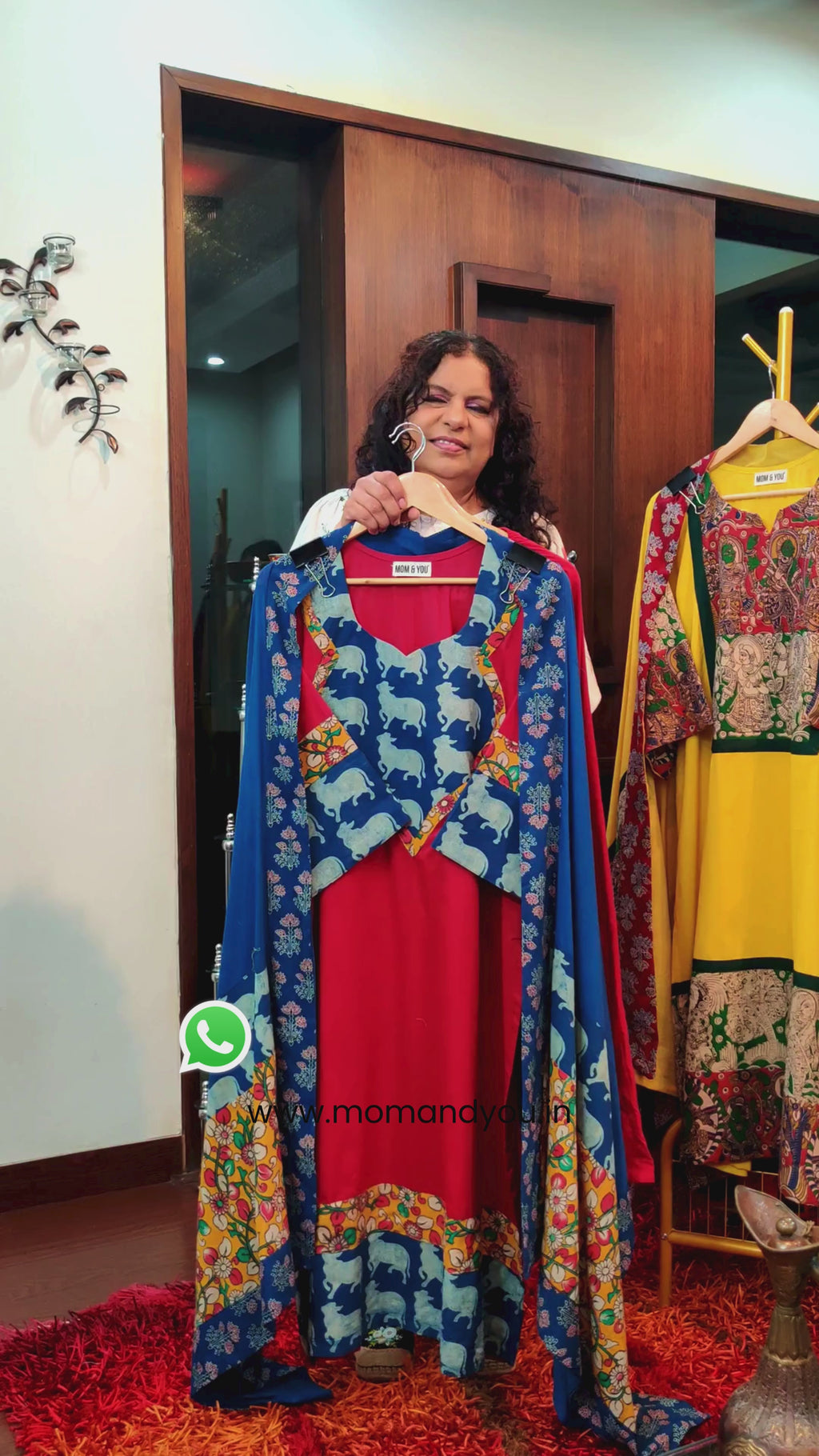 Red Cotton Blue kalamkari Stitched Suit Set